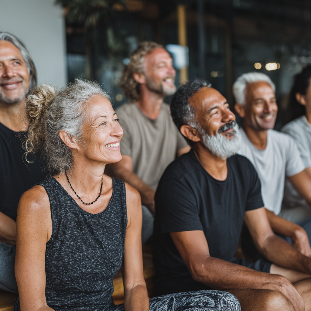 Group of middle-aged students sharing peaceful moment after yoga session in welcoming environment