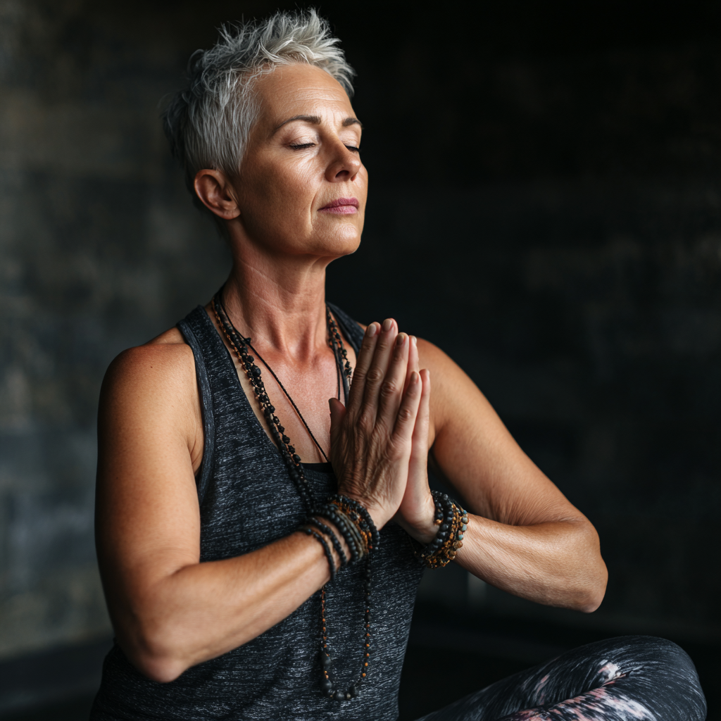 Mature practitioner demonstrating mindful hatha yoga pose with focused concentration