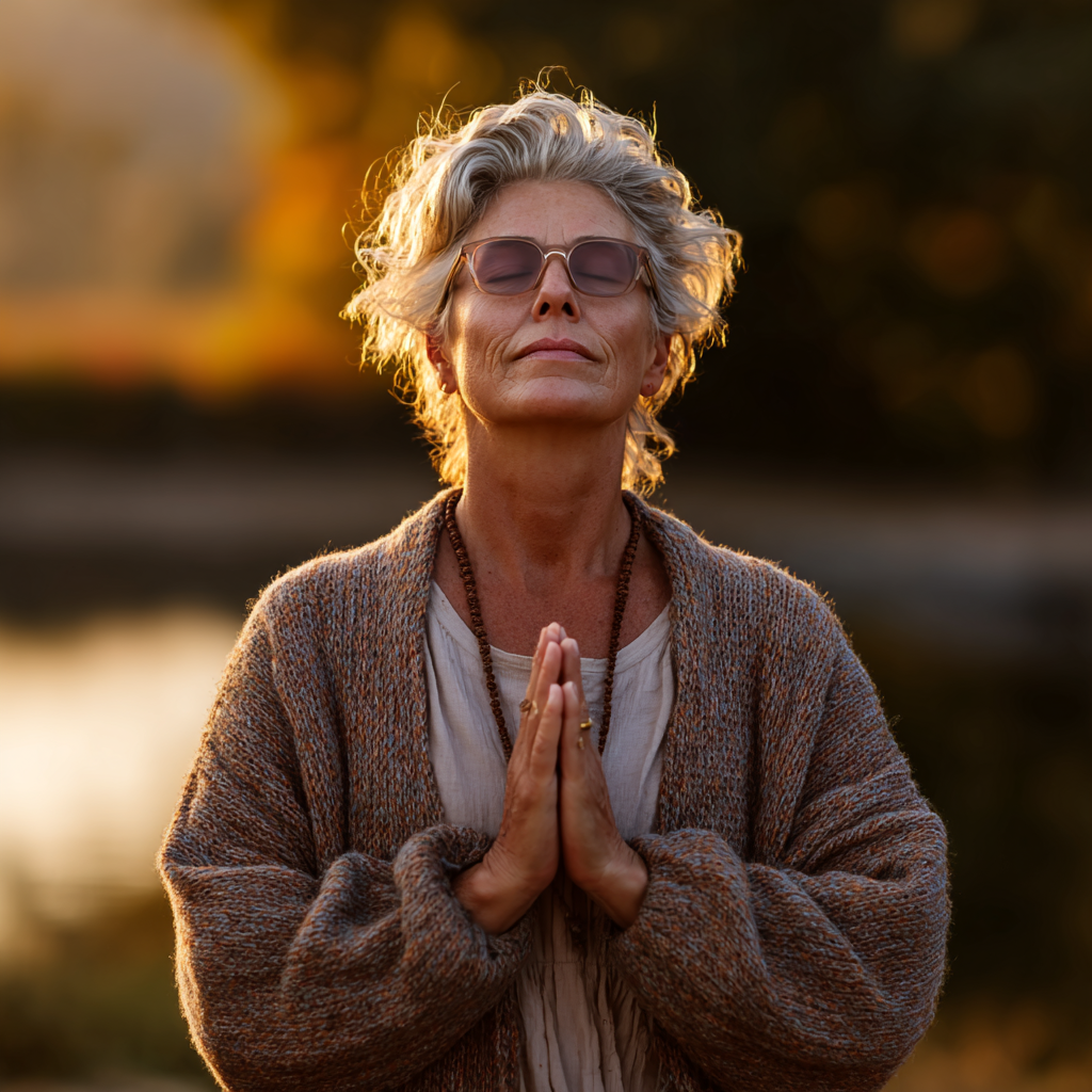 Peaceful mature woman in meditation pose surrounded by natural tranquility