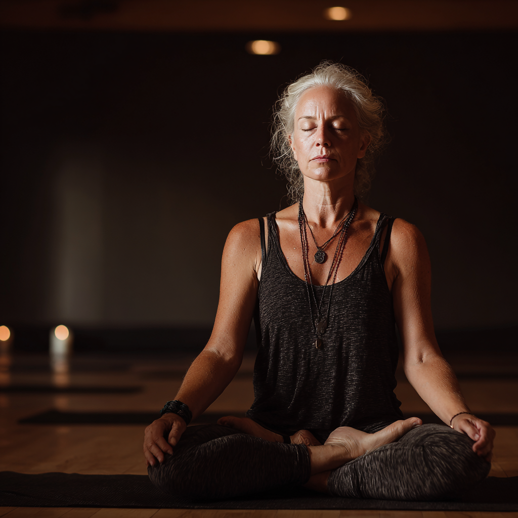 Serene yoga space with natural lighting designed for mature practitioners seeking inner peace